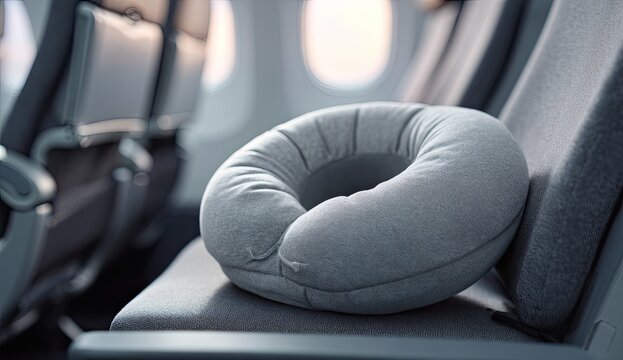 Gray travel pillow rests on a plane seat next to an empty seat and window