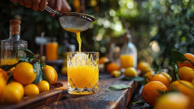 Close up photo of a hand straining fresh orange juice into a crystal glass filled with ice on wood table