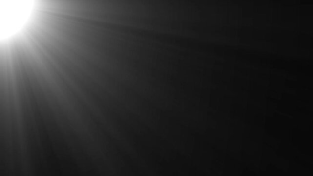 Bright white light rays emanating from the top left corner. Light rays glow animation. Professional light rays for cinematic atmospheric effect and mystical lighting transition art.