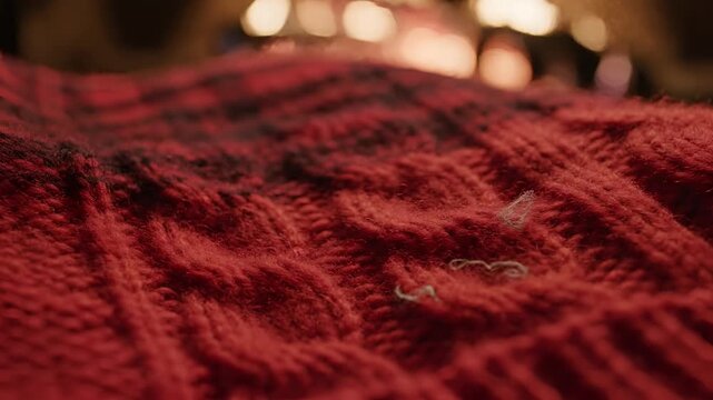 Cozy Red Cable Knit Blanket with Warm Bokeh Lights in Background.