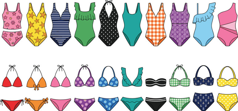 Women swimwear vector collection featuring various bikini sets one piece swimsuits and tankinis with colorful patterns like polka dots stripes and floral designs for summer.
