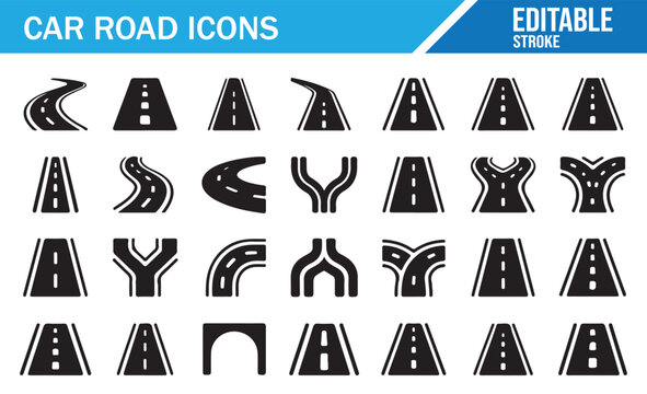 Road and street line icons with curves junctions and route elements