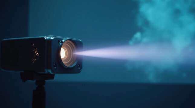 A cinema projector displays a film on a large IMAX screen in a theater as people enjoy the viewing experience during the evening 

