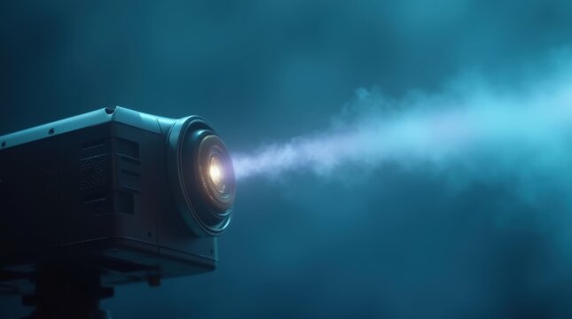 A cinema projector displays a film on a large IMAX screen in a theater as people enjoy the viewing experience during the evening 
