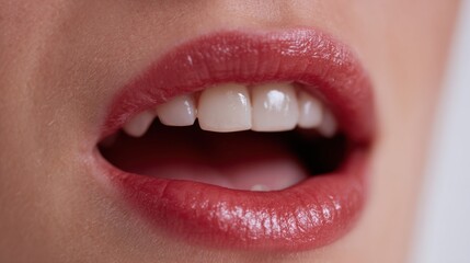 Naklejka premium A woman's mouth speaking with glossy lips and visible teeth, emphasizing expressions and oral features