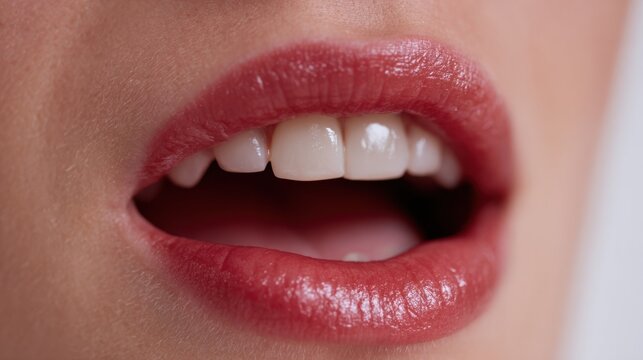 A woman's mouth speaking with glossy lips and visible teeth, emphasizing expressions and oral features