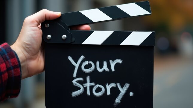 Black film clapboard with white chalk text reads your story. Used for movie production and video creation. A symbol of filmmaking and storytelling. 
