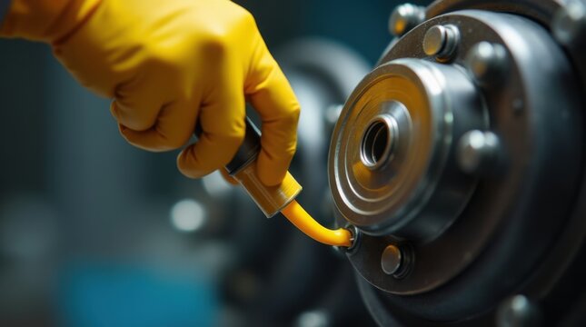 Hand in glove applies yellow grease onto shiny metal machine part. Lubrication ensures smooth mechanical operation and extends equipment life. Serviceable component gets protective oil coating