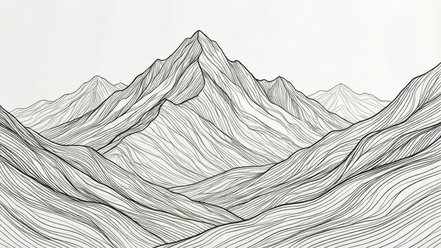 Minimalist line art mountain landscape, simple black lines on white background 
