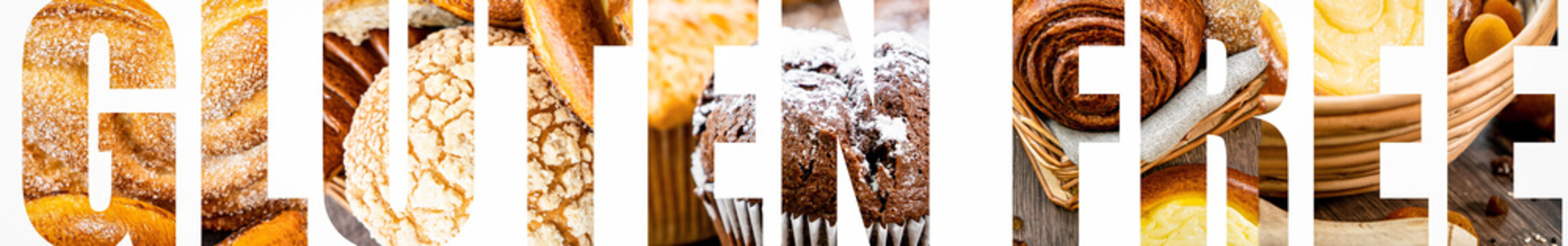 Photo collage with fresh sweet buns, in the shape of the word gluten free. pastries, background for bakery or banner for baker's website with space for text