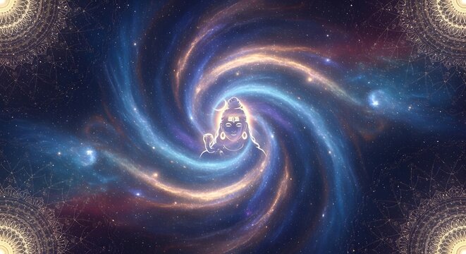 Lord Shiva cosmic background with mandala pattern and galaxy nebula art