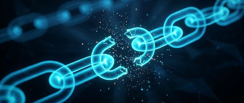Glowing blue chain links shattering with particles and sparks, symbolizing a broken connection or security failure against a dark futuristic background.