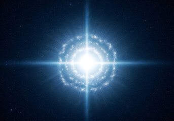 Obraz premium Spiral galaxy with bright core and radiating light beams in deep space