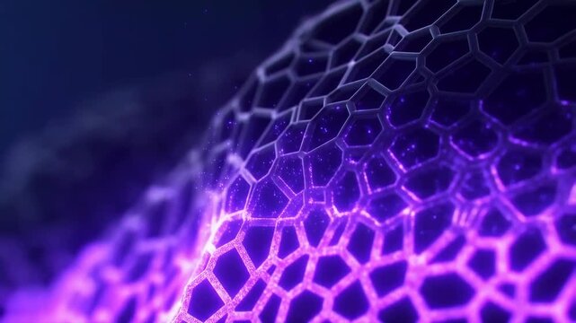 Abstract waving hexagonal mesh with flowing purple light animation