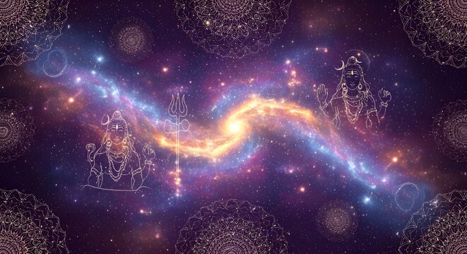 Lord Shiva with trident and mandalas in a colorful cosmic nebula background