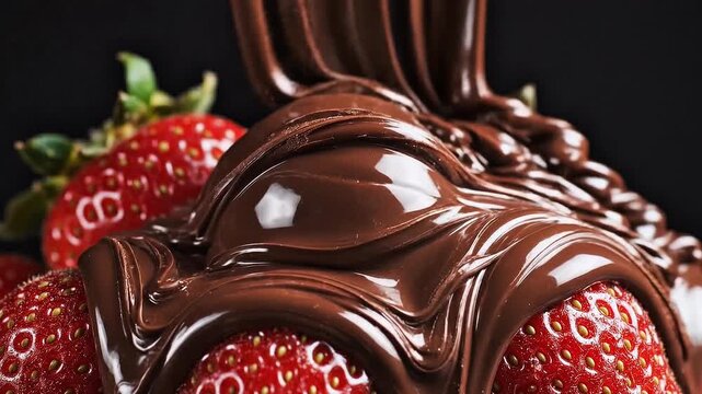 Extreme macro rotating cinematic shot of a single premium strawberry slowly spinning while thick molten dark chocolate pours from above and wraps around the fruit surface, ultra realistic 