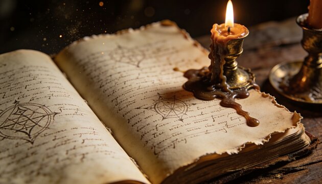 Ancient open book with handwritten script and glowing candle casting shadows in a mystical atmosphere