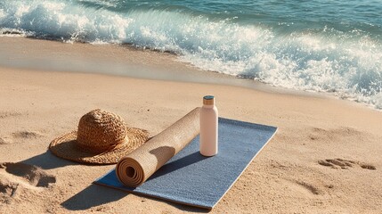 A straw hat and a rolled yoga mat with a water bottle resting on the sand near the ocean waves