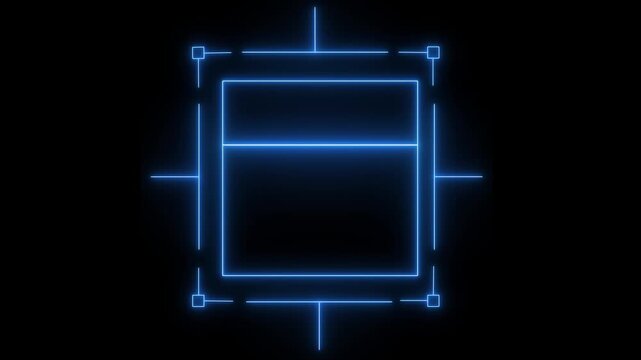 Blue neon geometric frame with inner square and horizontal line. Geometric frame abstract background. Professional geometric frame for digital display border and modern tech interface.