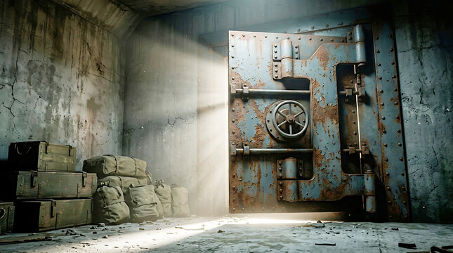 Abandoned vault door with stack of boxes in a dimly lit room