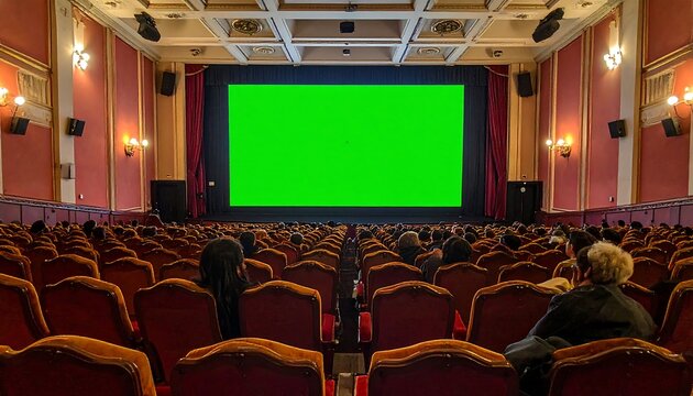 Large Audience Watching Blank Green Screen in Classic Movie Theater Interior
