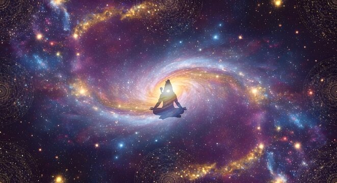 Silhouette of Lord Shiva meditating in the center of a glowing deep space galaxy