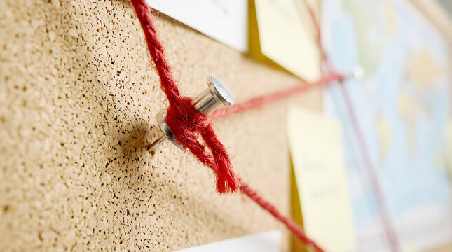 Red string tied around a brown object on a green and brown surface