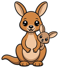 Cute kangaroo with joey in pouch cartoon vector icon isolated on white background for animal learning and children education themes