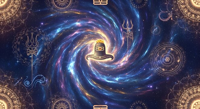 Lord Shiva Lingam with Trishul in Cosmic Nebula for Maha Shivaratri