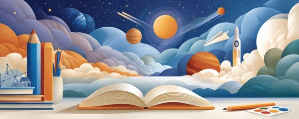 Fototapeta premium Open book and pencil against a paper-cut sky of planets and rocket, symbolizing imagination and learning