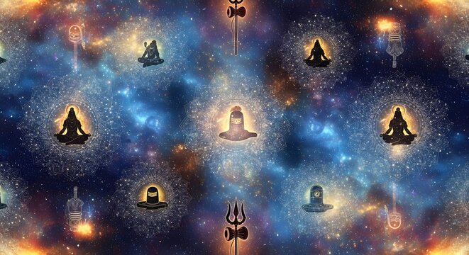 Seamless pattern of Lord Shiva symbols and meditation poses in deep space