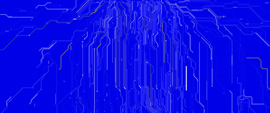 Blue circuit board background with glowing white and yellow digital pathways flowing vertically for cybersecurity, AI and futuristic technology concept
