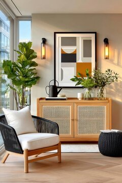 Stylish modern living room with light wood cabinet, rattan panels, comfy chair and indoor plants