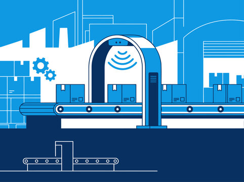 An illustrated RFID gate inventory system streamlines logistics. Modern, blue and white design showcases automated tracking on a conveyor belt. Clean, professional, and visually engaging.
