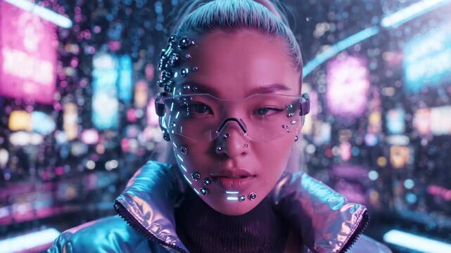 Futuristic cyberpunk woman with glowing facial implants adjusting high tech glasses in neon city