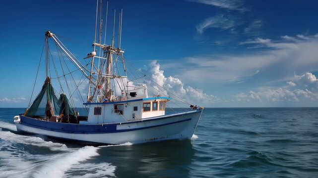 Fishing boat sails through the ocean under a blue sky with clouds, waves crash as it moves away from the shore during daylight