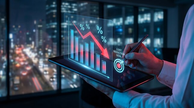 Business professional analyzing digital graph on tablet showing cost reduction goal with downward trending percentages, financial strategy and performance tracking.