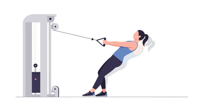 Woman performing seated cable rows exercise on a gym machine, focus on back muscles