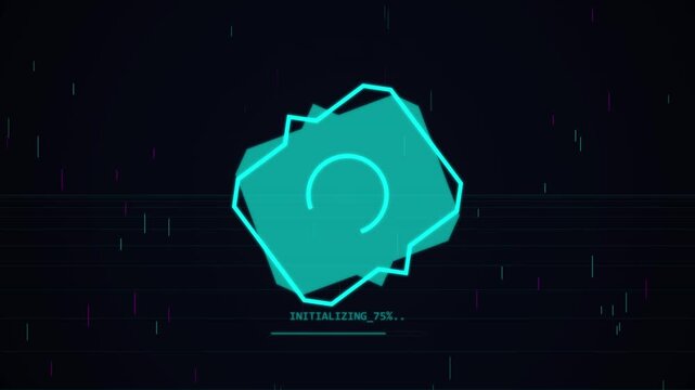 Digital loading screen with glitch effect and abstract geometric shapes