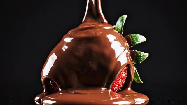 Ultra detailed macro front-angle shot of molten dark chocolate violently splashing over fresh strawberries in dramatic slow motion, explosive liquid physics with flying cocoa droplets frozen in air