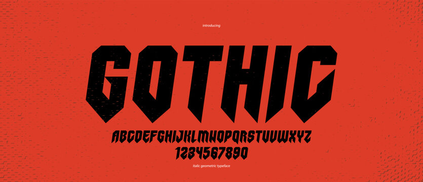 Sharp and bold italic vector display font for logo, gothic or heavy metal style modern typeface, edgy hard rock letters and numbers alphabet for titles or slogans, heavy typography.