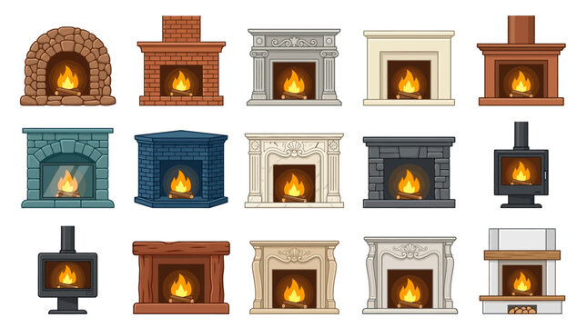 Collection of various indoor fireplace designs and hearth styles.