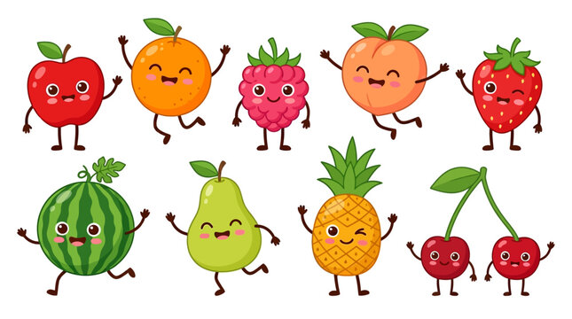 Cute cartoon fruit characters set with happy faces and funny poses.