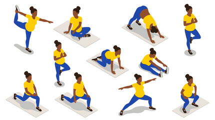 Fototapeta premium Isometric set of a young black woman practicing yoga and fitness exercises.