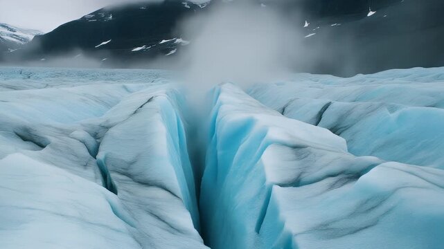Stunning glacial crevasse with vibrant blue ice and misty mountains in the background