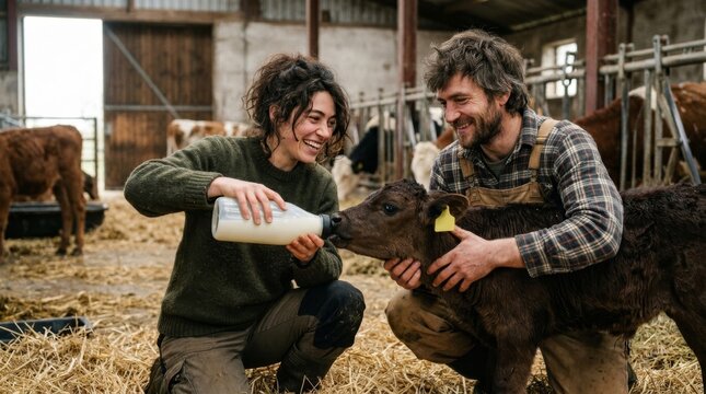 Man and woman bottle feeding baby calf in rustic barn. Happy farmers caring for newborn livestock with joy. Rural animal husbandry and dairy farm lifestyle concept.