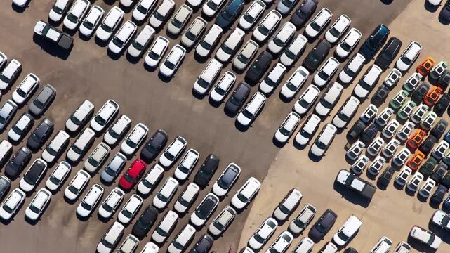Top-down aerial view capturing rows of new cars parked in a vast lot at a factory or port, awaiting sale, import, or export in the automotive industry and representing global trade and supply chain