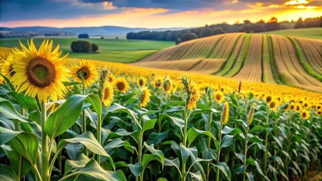 A photo of rows of green corn stalks stretching across a vast agricultural field with golden sunflowers in the background and rolling hills in the dis