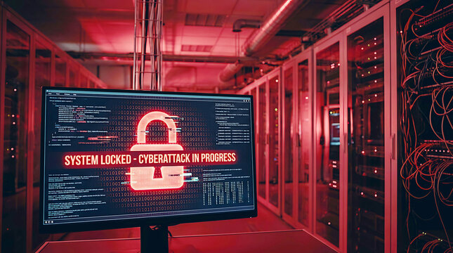 Computer screen showing system locked due to cyberattack with padlock warning
