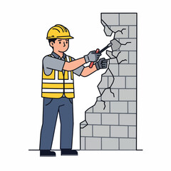 Obraz premium Man wearing safety gear demolishing wall.